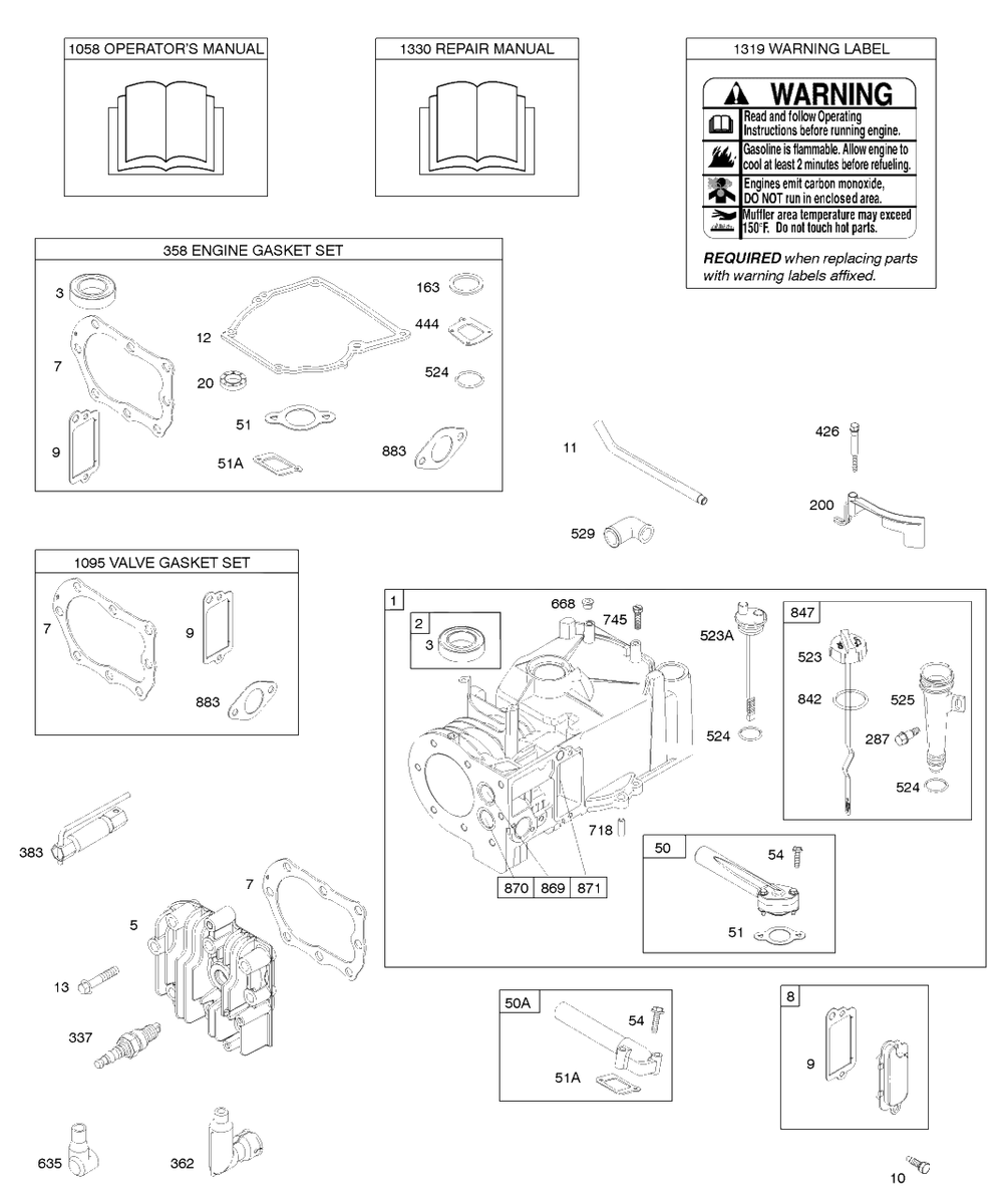 Cylinder, Cylinder Head, Gasket Set - Engine, Gasket Set - Valve, Lubrication, Operator's Manual, Warning Label Diagram and Parts List for 9D902-2083-XX  Briggs and Stratton Engine